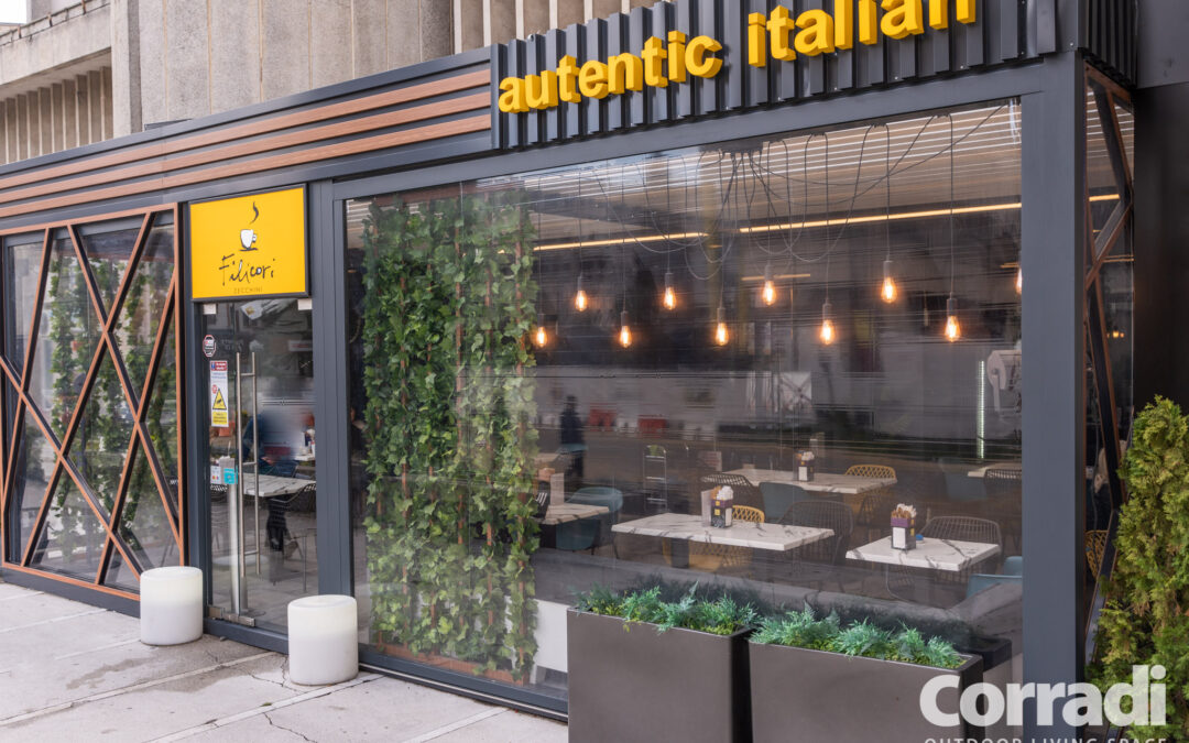 Cafenea Filicori Pitesti, Romania 06.2021 – pergole bioclimatice, inchidere terasa